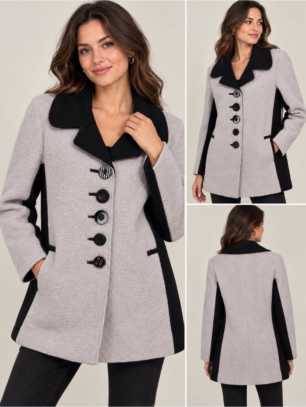 Carson 100% Wool Colorblock Coat Gray Black Statement Buttons Size Large